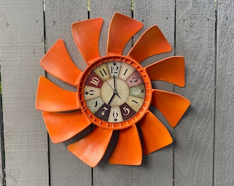 Repurposed Radiator Fan Clock, Rustic Orange Automotive Wall Art