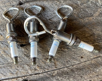 May include: Four silver spark plug keychains with a loop at the top. The spark plugs are all different brands and have different numbers on them.