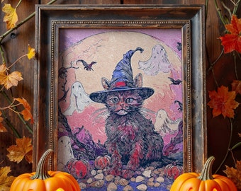 Digital Cat and Ghosts Canvas Wall Art, Pumpkin Cat Art, Spooky Season Cat Art, Digital Halloween Art, Digital Halloween Decor