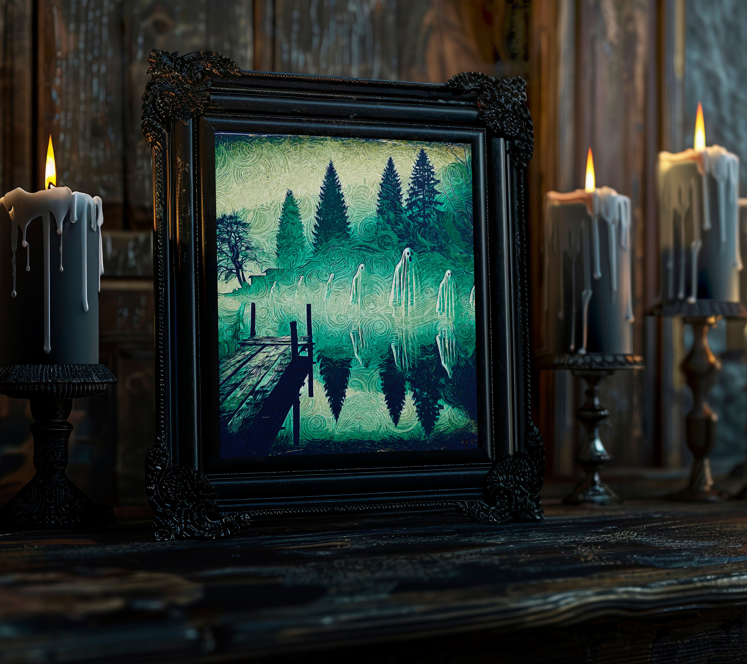 Digital Ghostly Lake Art, Printable Eerie Fog Print, Mysterious Forest ...