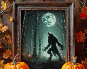 Digital Werewolf Wall Art, Full Moon Wolf Print, Horror Creature Art, Werewolf Canvas Print, Halloween Werewolf Art, Digital Download