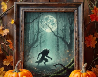 Digital Full Moon Werewolf Canvas Wall Art, Printable Halloween Werewolf Print, Horror Creature Wall Art, Werewolf Digital Download
