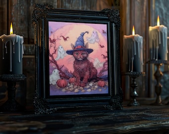 Hexe Katze Illustration Digitale Leinwand Wandkunst, Halloween schwarze Katze Wandkunst, druckbare Halloween Kunst, Gruselige Saison Dekor, digitaler Download