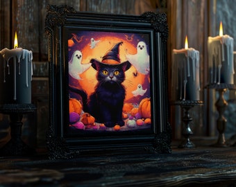 Halloween Black Cat Art Digital Download, Witch Cat Canvas Wall Art, Printable Spooky Cat Art, Halloween Wall Art, Halloween Digital Decor