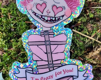 Pegatina con brillantina para San Valentín / Halloween espeluznante: "Estoy loco por ti" (el hombre de la camisa de fuerza)