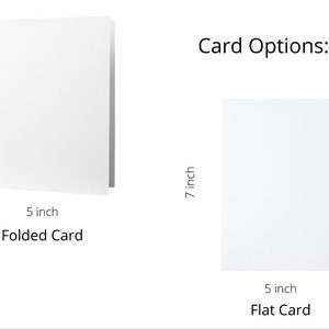 May include: Two blank white cards, one folded and one flat, with dimensions labeled in inches. The folded card is 5 inches wide and 7 inches tall. The flat card is 5 inches wide and 7 inches tall. The text "Card Options:" is above the cards.