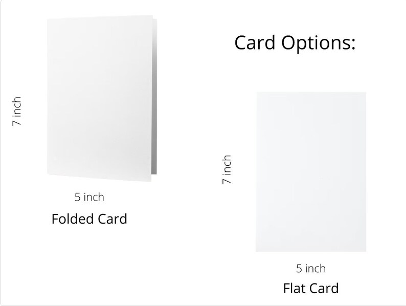 May include: Two blank white cards, one folded and one flat, with dimensions labeled in inches. The folded card is 5 inches wide and 7 inches tall. The flat card is 5 inches wide and 7 inches tall. The text "Card Options:" is above the cards.