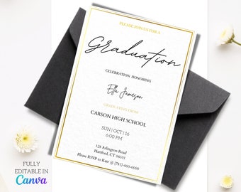 May include: A graduation announcement with a gold border and black text on a white background. The text reads "Graduation," "Celebration Honoring Ella Jameson," and details for the event. A dark gray envelope is behind the announcement. The text "FULLY EDITABLE IN Canva" is at the bottom.