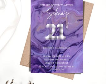 Purple Marble 21st Birthday Invitation, Elegant Milestone Party Invite