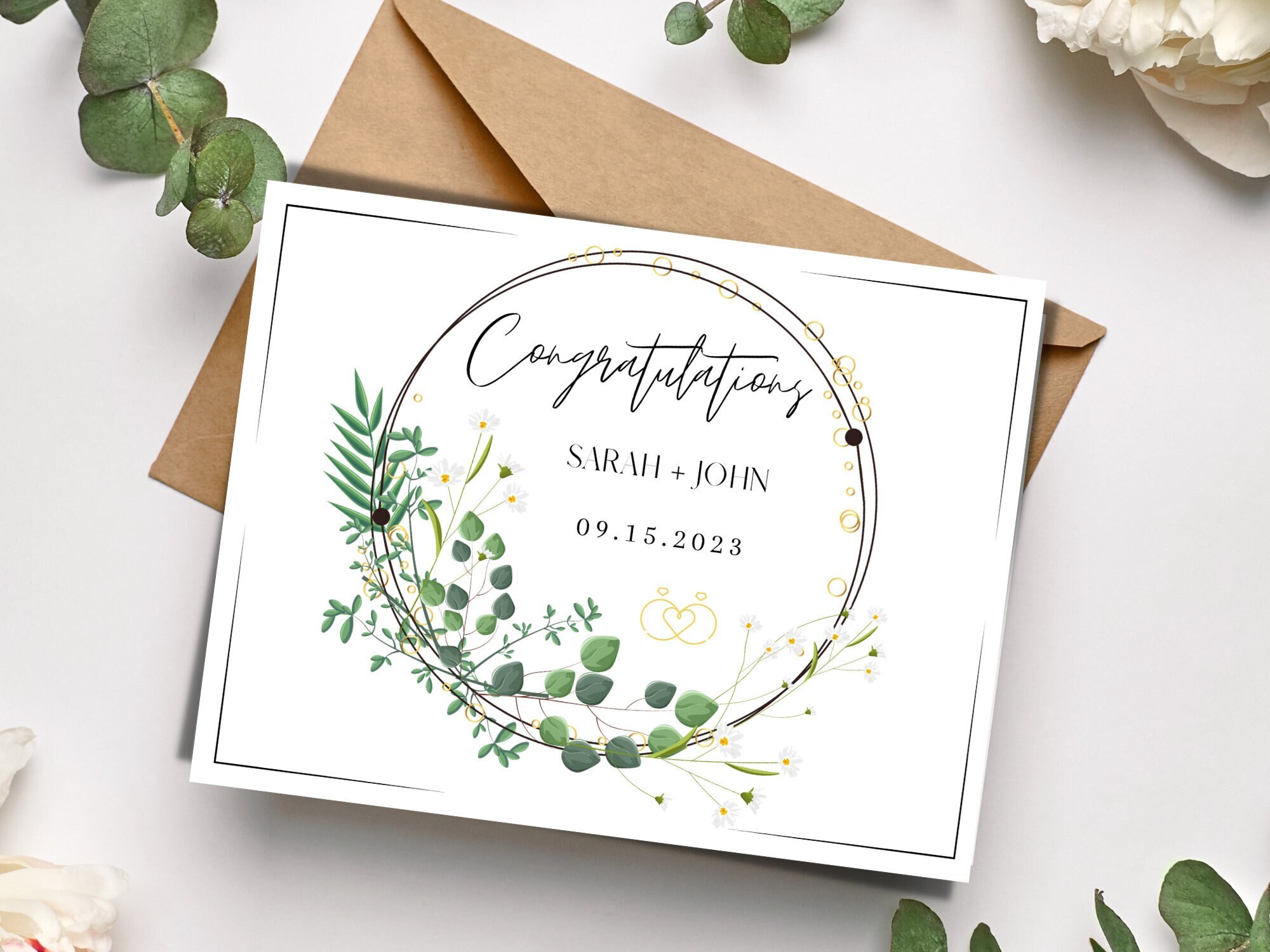 thumbnail image 2 of Personalised Wedding Day Congratulations Card – Handmade, Floral, Green & Pink 2 of 6