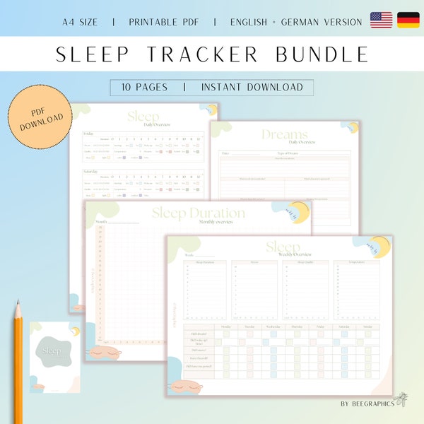 Sleep Tracker, Sleep Diary, Dream Diary, Sleep Duration, Detailed Sleep Tracker, A4, Download, English, German, Printable, Overview