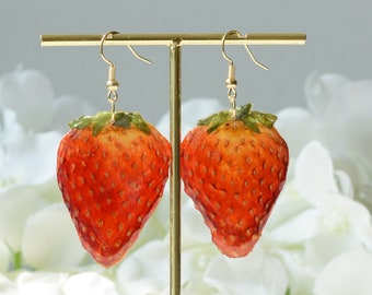 Handmade Real Strawberry Earrings, Pressed Fruits Resin Earring, Dangle Drop Earring, Statement Fruit Jewelry, Perfect Birthday Gift for Her