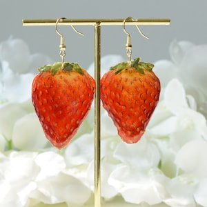 Handmade Real Strawberry Earrings, Pressed Fruits Resin Earring, Dangle Drop Earring, Statement Fruit Jewelry, Perfect Birthday Gift for Her