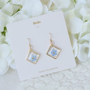 18K Gold Forget me not dried flower earrings, handmade pressed flower epoxy resin earrings,dangle drop earring,perfect birthday gift for her