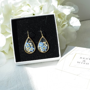 Forget me not dried flower earrings, handmade pressed flower epoxy resin earrings, floral gold dangle drop earrings, Christmas gift for her