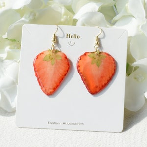 Handmade Real Strawberry Earrings, Pressed Fruits Resin Earring, Dangle Drop Earring, Statement Fruit Jewelry, Perfect Birthday Gift for Her