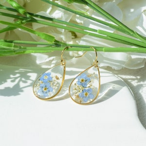 Forget me not dried flower earrings, handmade pressed flower epoxy resin earrings, floral gold dangle drop earrings, Christmas gift for her