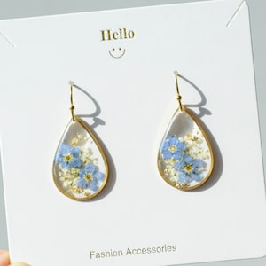Forget me not dried flower earrings, handmade pressed flower resin earrings jewelry, gold foil dangle drop earrings, Christmas gift for her