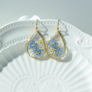 Forget me not dried flower earrings, handmade pressed flower epoxy resin earrings, floral gold dangle drop earrings, Christmas gift for her