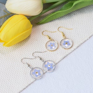 18K Forget me not dried flower earrings, handmade pressed flower epoxy resin earrings, Gold or Silver dangle drop earring, her perfect gift