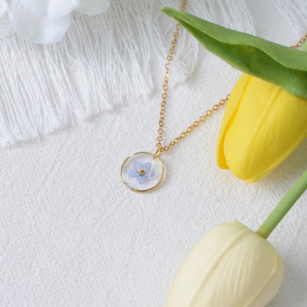 18K Gold Forget me not real pressed flower necklace for women, dried flower jewellery resin necklace, birthday gift for her,pendant necklace