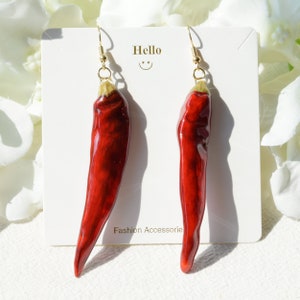 Handmade Real Chilli Earrings, Pressed Hot Pepper Resin Earrings, Real Vegetable Dangle Drop Earring, Statement Jewelry, Birth Gifts for Her