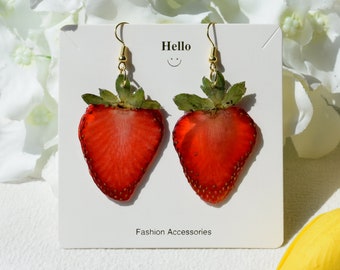 Handmade Real Strawberry Earrings, 18K Gold Pressed Fruits Resin Earring, Dangle Drop Earring, Statement Fruit Jewelry,Birthday Gift for Her