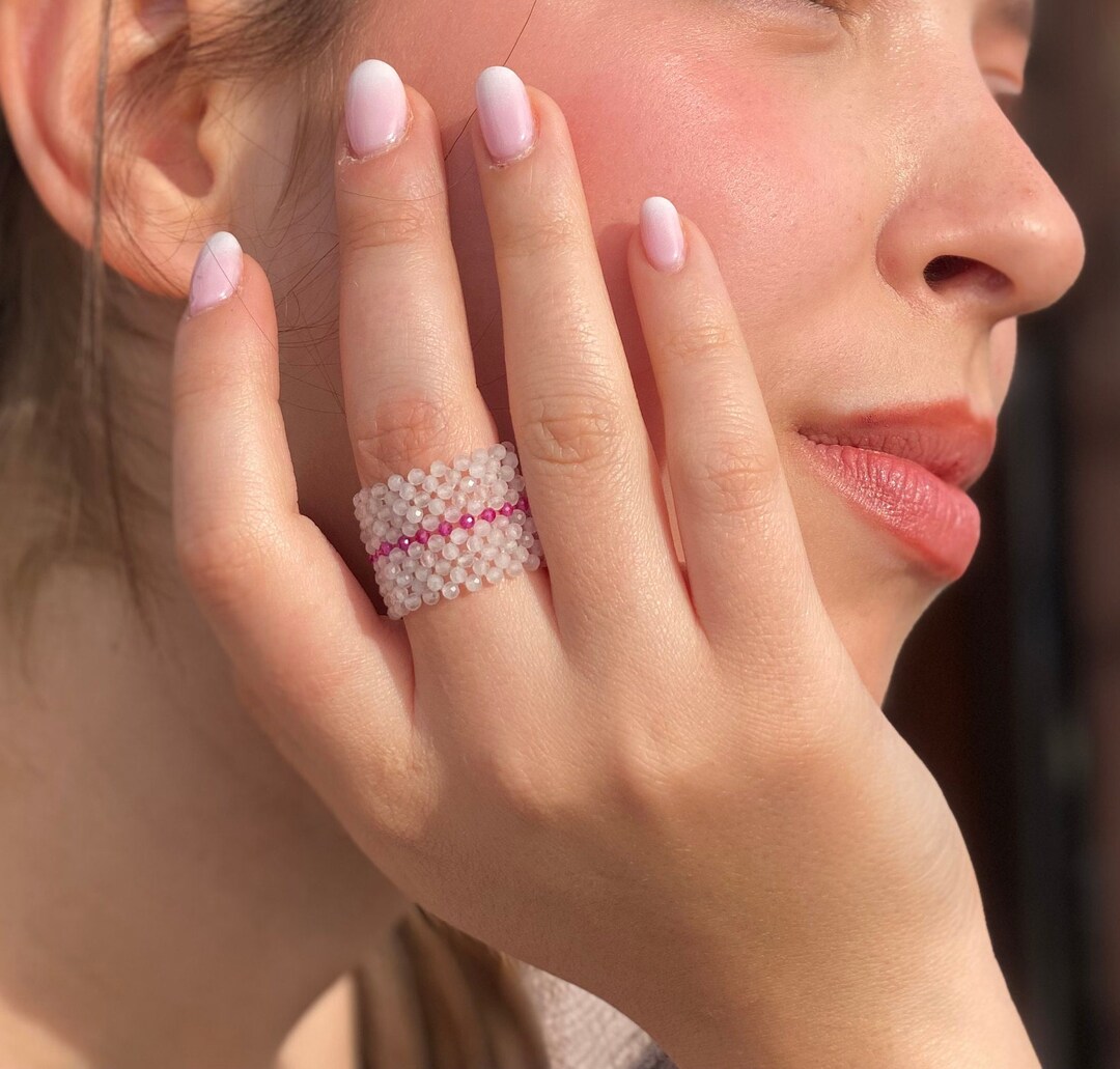 Crystal Beaded Ring, Rose Quartz and Ruby Beaded Ring, Masai Beaded ...
