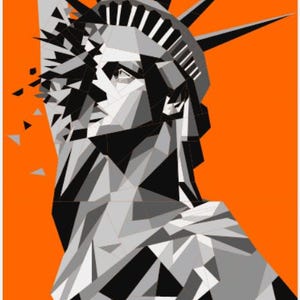 May include: A geometric illustration of the Statue of Liberty, rendered in grey and black tones, set against a bright orange backdrop. The artwork employs a fragmented, low-poly design with angular shapes. The statue's crown and torch are visible.
