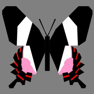 Op de afbeelding: Symmetrische vlinderillustratie met zwarte, witte, roze en rode geometrische vormen. De vlinder heeft een grijze achtergrond. De vleugels zijn zwart met witte en roze accenten en rode lijnen.
