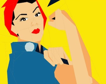 May include: A vintage-style poster with a woman in a red bandana and blue shirt flexing her bicep. The poster has a yellow background and the text "We Can Do It!" in a speech bubble.