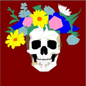 May include: A white skull with black eyes is wearing a crown of colourful flowers. The flowers are pink, blue, yellow, and green. The background is a solid red.