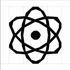 May include: Black and white geometric design resembling an atom with a central circle and multiple overlapping rings.