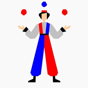 May include: A geometric illustration of a person juggling three objects. The figure wears a gray top, with red and blue pants. Two red octagons and a blue hexagon are in the air, suggesting motion and skill. The background is plain white.
