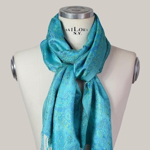Turquoise blue paisley print woven silk narrow scarf 37cm x 180cm,  Indian pashmina for women
