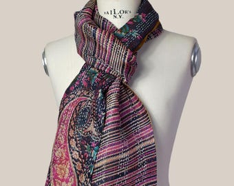 Reversible Kantha scarf made from recycled silk saris