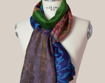 Reversible recycled silk scarf, vintage indian sari patchwork