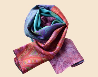 Patchwork reversible recycled silk scarf indian saris, colorful silk scarf