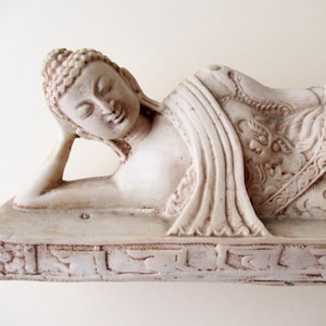 Lying Buddha resin statue, white resin Buddha figure, decorative figure of buddha, buddhist Hinduist statue decor, Buddha religious statue