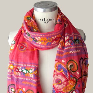 Rosa Phulkari Dupatta Schal, Handgemachte Bestickt Spiegel Baumwolle Wrap