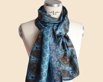 Reversible recycled silk paisley scarf, unisex vintage indian saris blue silk scarf, men and women silk scarf