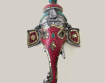 Handmade Ganesha Wall Decor, Indian Metal Elephant Figurine