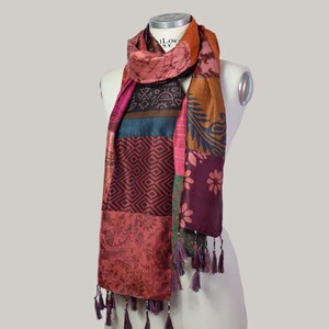 Reversible patchwork silk scarf and tassels with recycled indian silk sarees