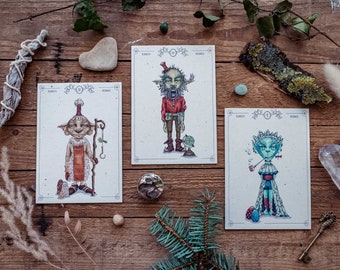 3 cartoline di creature magiche, Set A / biglietto d'auguri, stravagante, fantasia, illustrazione, pittura a guazzo, decorazione murale, stampa artistica