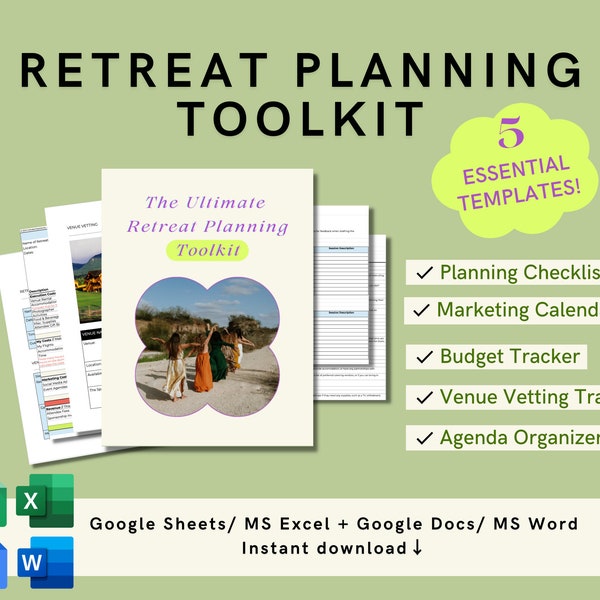 RETREAT PLANNING TEMPLATES Toolkit for Digital Planning | Retreat Guide for budget, agenda, planning checklist, marketing calendar, venue