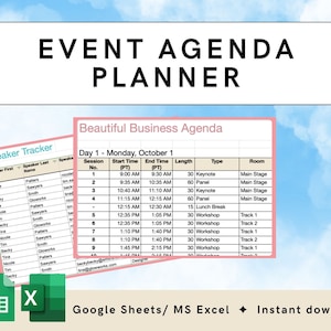 EVENT AGENDA PLANNER template for event planner, schedule, speaker tracker, program, for Events, Retreats, Conferences, Tradeshow Planning