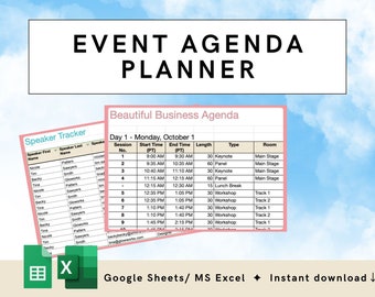 EVENT AGENDA PLANNER template for event planner, schedule, speaker tracker, program, for Events, Retreats, Conferences, Tradeshow Planning