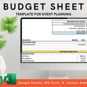 May include: A computer screen displaying a budget sheet template for event planning. The template includes sections for sponsorship costs, execution costs, and estimated cost of activity. The sheet includes columns for description, quantity, rate, and amount. The template is designed for use with Google Sheets or MS Excel.