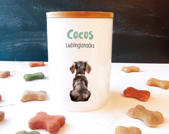 Leckerlidose aus Keramik personalisiert für Hunde, mit Hunderasse und Name, 3 Größen