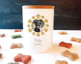 Ceramic treat box personalized for dogs, cats and other pets, gold paw wreath with photo and name, 3 sizes